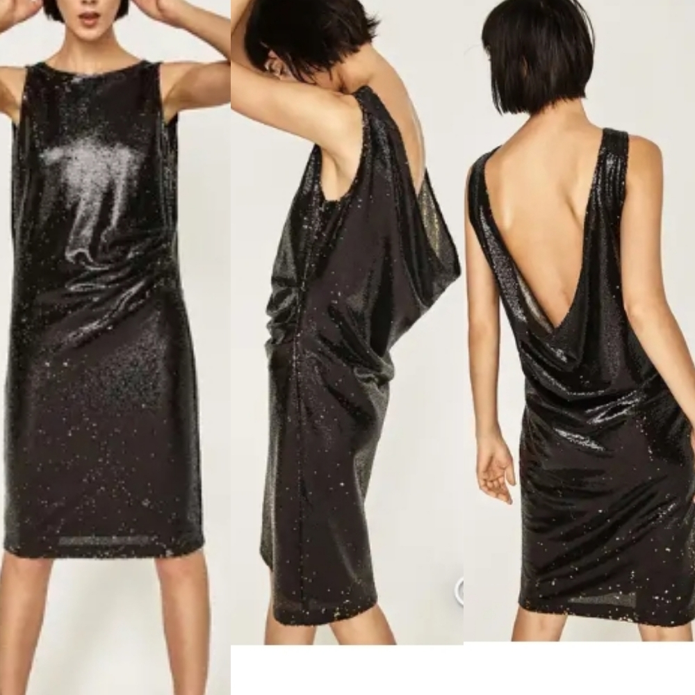 ZARA Sequin Shimmer Black Gold Drape Dress